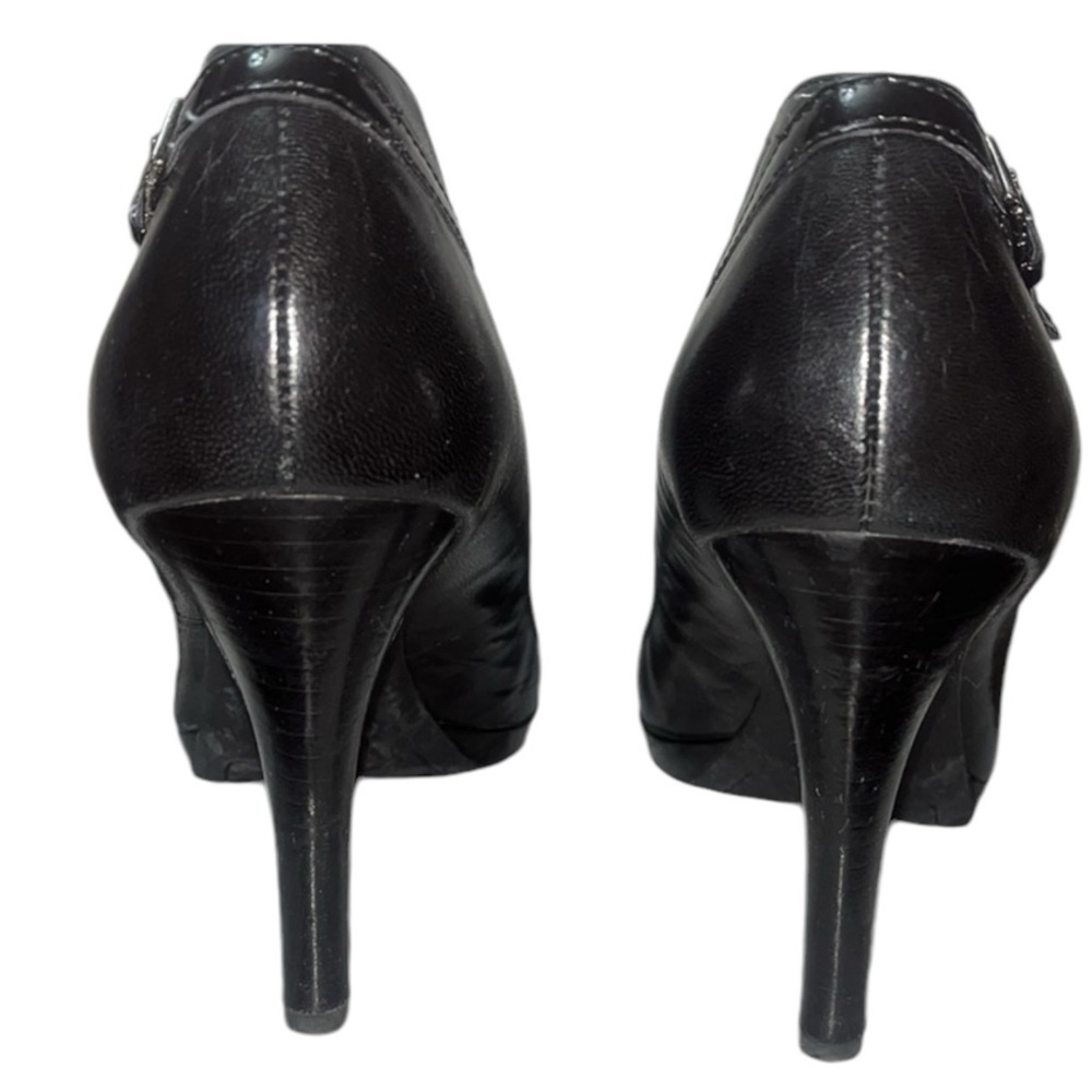 Franco Sarto black leather pumps faux buckle/belt adorned 3.5" heel - Picture 4 of 9